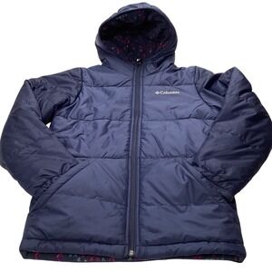 Columbia Girls Reversible Hooded Jacket Navy Blue Fleece Print Size M 10/12